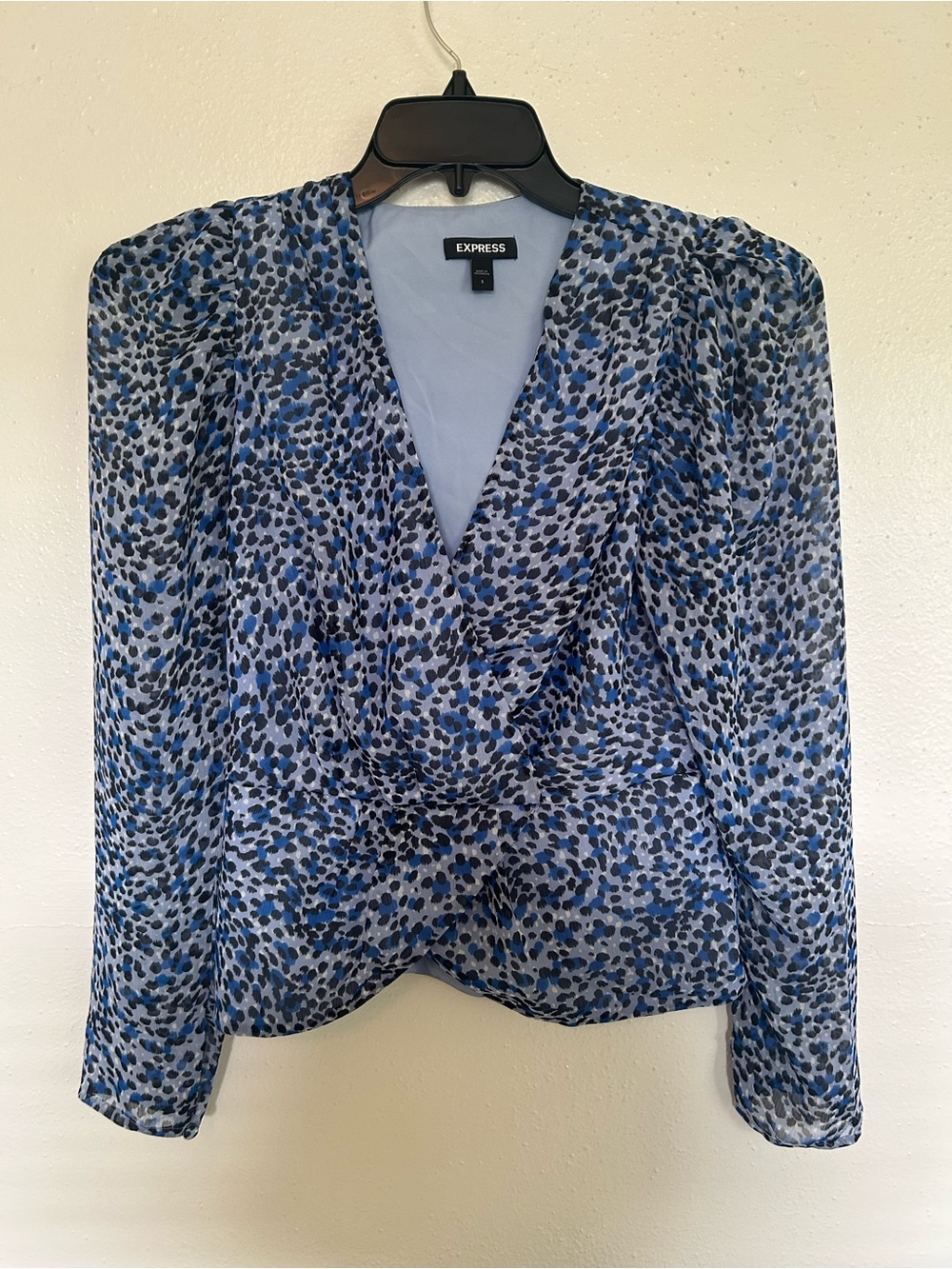 Express Blue And Black Printed Wrap-Front Long Sleeve Blouse
